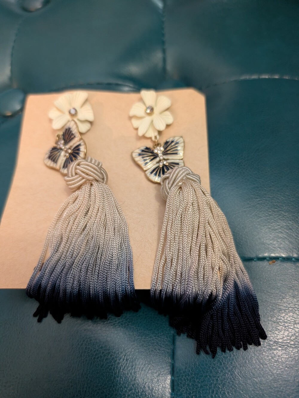 Chloe + Isabel Cream Floral & Silver Butterfly Ombre Tassel Earrings